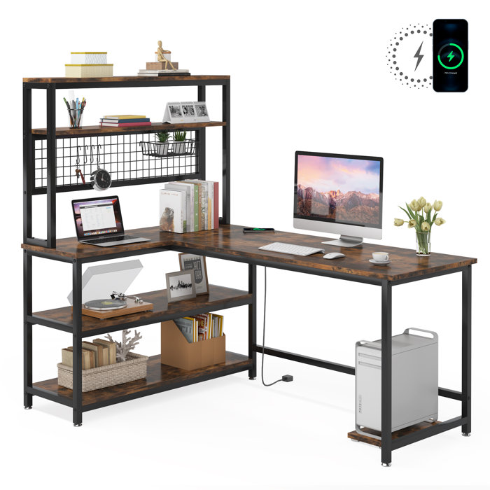 17 Stories Plovdiv 55" Large Computer Desk LShaped Desk with Wireless Charging and Bookshelf